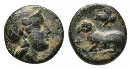 (Bronze. 1.16g. 12mm) IONIA. Klazomenai. Ae (Circa 387-300 BC). 
Helmeted head of Athena right.
Rev: Ram lying left./ Forepart of winged boar left
...