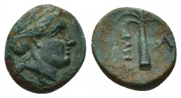 (Bronze.1.57g.12mm) IONIA. Smyrna. Ae (Circa 260-245 BC).
Laureate head of Apollo right.
Rev: ΣΜΥΡΝΑΙΩΝ./ Palm tree.
Milne 28.