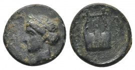 (Bronze. 1.95g.14mm) IONIA. Kolophon. Ae (Circa 400-350 BC).
Laureate head of Apollo left.
Rev: Lyre.
BMC 15.