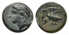 (Bronze.1.02g. 12mm) IONIA. Klazomenai. Ae (Circa 380-360 BC). Uncertain magistrate.
Laureate head of Apollo left.
Rev: Swan standing left, with win...