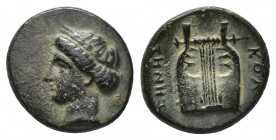 (Bronze. 2.10g. 14mm) IONIA. Kolophon. Ae (Circa 400-350 BC).
Laureate head of Apollo left.
Rev: Lyre.
BMC 15.