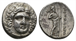 (Silver. 6.75g. 19mm) Satraps of Caria. Halikarnassos. Pixodaros 341-336 BC. Drachm AR
Laureate head of Apollo facing slightly right, with drapery ar...