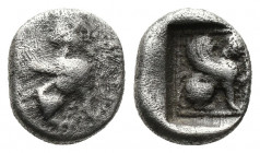 (Silver. 0.77g. 9mm) CARIA. Kaunos. Obol (Circa 390-370 BC).
Sphinx seated right.
Rev: Sphinx seated right within incuse square.
Konuk 119.