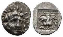 (Silver. 1.23g. 12mm) Islands off Caria, Rhodes. Ca. 88-84 B.C. AR drachm. Thrasymedes, magistrate. 
Radiate head of Helios right.
Rev: P-O, rose; i...