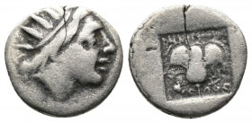 (Silver. 2.03g. 14mm) CARIA. Rhodes. Drachm (Circa 190-170 BC), magistrate.
Radiate head of Helios right.
Rev: Rose all within incuse square.
Jenki...