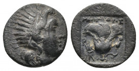 (Silver. 2.42g 14mm) Caria. Rhodos . 180-150 BC./ Hemidrachm AR
Radiate head of Helios right.
Rev: rose with bud to right; thunderbolt all within in...
