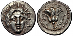 ISLANDS off CARIA Rhodos (Silver, 6.68 g, 20 mm) Circa 275-250 BC. AR Didrachm. Agesidamos, magistrate.
Head of Helios facing slightly right.
Rev: R...