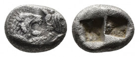 (Silver. 3.40 g. 14 mm) Kings of Lydia, Kroisos (550-546). AR Siglos, Sardis.
Confronted foreparts of lion right and bull left
Two square punches. ...