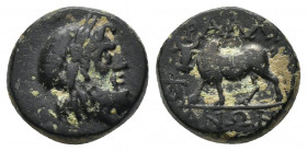 (Bronze. 3.71g. 14mm) LYDIA. Tralleis. 2nd-1st century BC. AE
Laureate head of Zeus to right. 
Rev. ΤΡΑΛΛΙ-ΑΝΩΝ Bull standing left; to left, fillete...