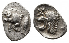(Silver. 0,39g. 11mm) Mysia. Kyzikos 480 BC. Hemiobol AR
Forepart of boar to left, to right, tunny fish swimming upwards
Rev: Head of lion to left w...