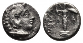 (Silver. 1.20g. 11mm) MYSIA, Pergamon. 310-282 BC. AR Diobol 
Head of Herakles in lion-skin 
Rev: Athena Promachos standing. 
SNG.BN.1558.