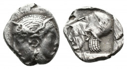 (Silver. 1.08g. 10mm) Mysia. Lampsakos circa 500-450 BC. Obol
Female janiform head.
Rev: Helmeted head of Athena left within incuse square.
SNG BnF...