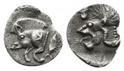 (Silver. 0.22g. 9mm) Mysia, Kyzikos AR Hemiobol. c. 550-500. 
Forepart of boar left,tunny behind
Rev: Head of lion left, lion’s head facing above le...