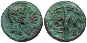 Mysia. Kyzikos ( Bronze. 4.34 g. 18 mm) Augustus 27BC -14 AD. AE
Obv: Bare head of Augustus right.
Rev: Torch within wreath.
RPC I 2244; SNG France...