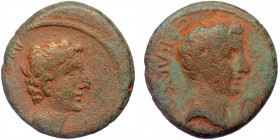 PHRYGIA. Midaeum ( Bronze. 4.68 g. 18 mm) Augustus, 27 BC-AD 14.
Obv: Bare head of Augustus to right; to right, lituus.
Rev.Bare head (of Gaius Caes...