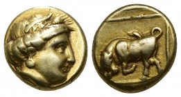(Gold./Electrum. 2.51g. 11mm) LESBOS. Mytilene. EL Hekte (Circa 377-326 BC).
Wreathed head of Persephone right.
Rev: Bull butting left within linear...