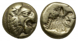 (2.53g. 11mm) Lesbos. Mytilene 521-478 BC./ Hekte EL
Head of lion right
Rev: Incuse head of bull right.
Bodenstedt 13.
