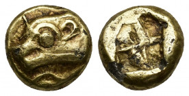 (Gold/Electrum.2.01g. 10mm) Ionia. Phokaia circa 625-522 BC. Hekte EL
Head of seal left, below small seal left
Rev: Incuse square punch.
Bodenstedt...