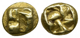 (Gold/Electrum. 2.65g.11mm) Ionia, Uncertain Mint EL Hekte (1/6 Stater). Circa 550-500 BC.
 Phokaic standard. Raised swastika pattern.
Rev: Quadripa...
