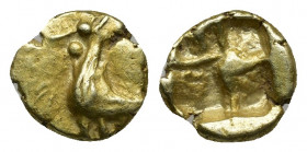 (Gold/Electrum. 0.65g. 8mm) IONIA. Uncertain. EL 1/24 Stater (Circa 600-550 BC).
Bird (cock?) standing left.
Rev: Quadripartite incuse square.
Trit...