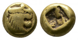 (Gold/Electrum. 1.15g. 8mm) Kingdom of Lydia, Alyattes EL Hemihekte - 1/12 Stater. Sardes, circa 610-560 BC. 
Head of roaring lion right, sun on fore...