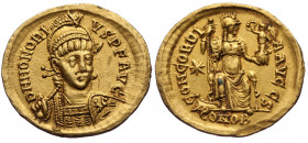 (Gold. 4.38g. 22mm) HONORIUS (393-423). GOLD Solidus. Constantinople.
D N HONORIVS P F AVG.
Helmeted and cuirassed bust facing slightly right, holdi...