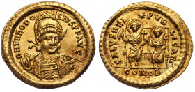 (Gold. 4.50g. 23mm) Theodosius II. AD 402-450. AV Solidus. Constantinople mint, 1st officina. Struck AD 425-429. 
Pearl-diademed, helmeted, and cuira...