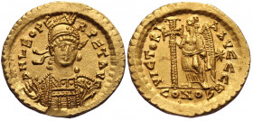 (Gold. 4.51g. 21mm) LEO I (457-474). GOLD Solidus. Constantinople.
D N LEO PERPET AVG./ Helmeted and cuirassed bust facing slightly right, holding sp...