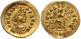 (Gold, 2.26g. 19mm) LEO I (457-474). Semissis. Constantinople.
D N LEO PERPET AVG./Diademed, draped and cuirassed bust right.
Rev: VICTORIA AVGG / C...