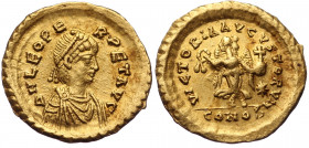 (Gold. 1.49g. 16mm Leo I (457-474 AD). AV Tremissis. Constantinopolis.
D N LEO PERPET AVG, pearl-diademed and draped bust right-
Rev. VICTORIA AVGVS...
