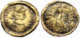 (Gold. 2.14g. 19mm) Anastasius I, 491-518. Foureé Semissis Constantinople, 507-518. 
DN ANASTA-SIVS PP AVC Diademed, draped and cuirassed bust of Ana...