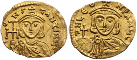 (Gold. 1.40g. 18mm) Constantine V Copronymus, with Leo III, AV Solidus. Constantinople, AD 740-742
CONSƮANƮINЧS, crowned and draped bust of Constanti...