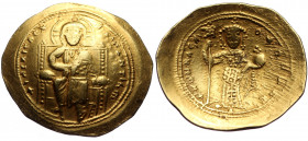 (Gold. 4.43g. 28mm) Constantine X AV Histamenon Nomisma. Constantinople, AD 1059-1067. 
+ IhS IXS REX REGNANThIm, Christ Pantokrator enthroned facing...