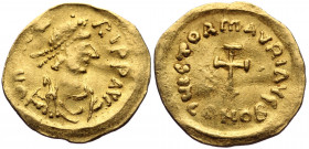 (Gold. 1.42g. 17mm) Maurice Tiberius AV Tremissis. Constantinople, AD 583-602. 
D N TIЬЄRI P P AVI, pearl-diademed, draped and cuirassed bust to righ...