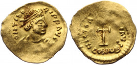 (Gold. 1.49g. 19mm) Maurice Tiberius AV Tremissis. Constantinople, AD 583-602. 
D N TIЬЄRI P P AVI, pearl-diademed, draped and cuirassed bust to righ...