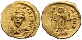 (Gold. 4.28g.21mm) Phocas AV Solidus. Constantinople, 607-609.
Crowned, draped and cuirassed facing bust, holding cross
Rev: Angel standing facing, ...