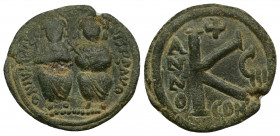 Justin II and Sophia AE21 Follis (Bronze, 5.91g, 21mm) Constantinople.
Obv:DN IVSTINVS PP AVG, - Justin on left holding cross on globe and Sophia on ...