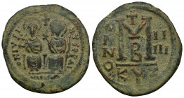Justin II and Sophia (565-578) AE33 Follis (Bronze, 12.01g, 33mm) Cyzicus 
Obv: D N IVSTINVS P P A - Justin and Sophia, seated facing on double thron...
