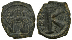 Justin II and Sophia (565-578) AE23 Half Follis (Bronze, 7.13g, 23mm) Dated RY 5=AD 569/70. Theoupolis (Antioch) 
Obv: Justin, on left, and Sophia, o...