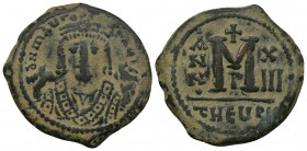 Maurice Tiberius (582-602) AE30 follis (Bronze, 12.16g, 30mm) Theoupolis (Antioch)Regnal Year 13 (AD 594/5). 
Obv: d N mAur-N P AuT - facing bust of ...
