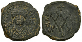 Maurice Tiberius (582-602) AE23 Half Follis (Bronze, 6.33g, 23mm), Theoupolis (Antiochia), RY 2 = 583-4. 
Obv: ΠITATISS NVPTIS (or simmilar) - Crowne...