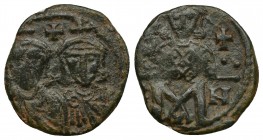 Constantine V Copronymus with Leo IV (741-775) Æ18 Follis (Bronze, 1.83g, 18mm). Constantinople mint. Struck circa 769-775.
Constantine and Leo seate...