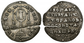 Constantine VII Porphyrogenitus with Romanus I, Stephen, and Constantine (913-959) AR Miliaresion (Silver, 2.49g, 24mm) Constantinople, 931-944. 
Obv...