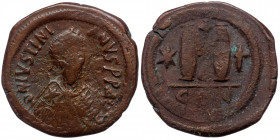 JUSTIN I, (Bronze. 16.65 g. 33 mm) (518-527), AE follis, Constantinople mint
diademed, draped and cuirassed bust right
Rev: Large M between two star...