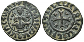 ARMENIA, Cilician Armenia. Royal Hetoum I (1226-1270) Æ28 Tank (Bronze, 6.10g, 28mm). Sis mint. 
Obv: Hetoum seated facing on throne adorned with lio...