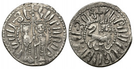 ARMENIA, Cilician Armenia. Royal, Hetoum I (1226-1270) AR Tram (Silver, 2.72g, 21mm)
Obv: Hetoum and Queen Zabel standing facing, holding long cross ...