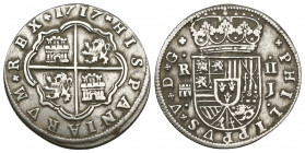 Spain, Madrid Philip V (1700-1746) 2 AR reales (Silver, 4.44g, 27mm) 1717
Obv: PHILIPPUS V D G R II Crowned M A - Crowned arms.
Rev: 1717 HISPANIARU...