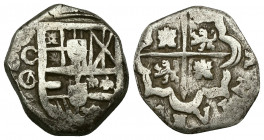 SPAIN, Felipe II (1556-1598) AR 2 reales (Silver, 6.84g, 21mm) 
Obv: Crowned shield 
Rev: Arms of Castile and Leon
References: 1597-S, Calicó-551,