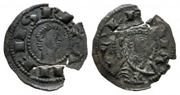 Kingdom of Castille and Leon. Alfonso VIII (1158-1214). Obol. Toledo. (Bautista-270). (Abm-155). Anv.: ANFVS REX. Bust to the right. Rev.: TOLETVLA. B...