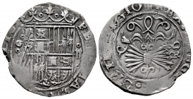Catholic Kings (1474-1504). 2 reales. Granada. R. (Cal-498). Ag. 3,34 g. Shield between G-II bounded by roundels. Assayer R open to the right of the y...